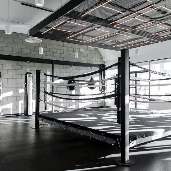 A boxing ring in the middle of a brick walled room next to a window